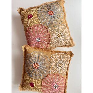 Set of 2 PIER 1 Floral Embroidered Beaded 100% Jute Fringe Square Throw Pillows